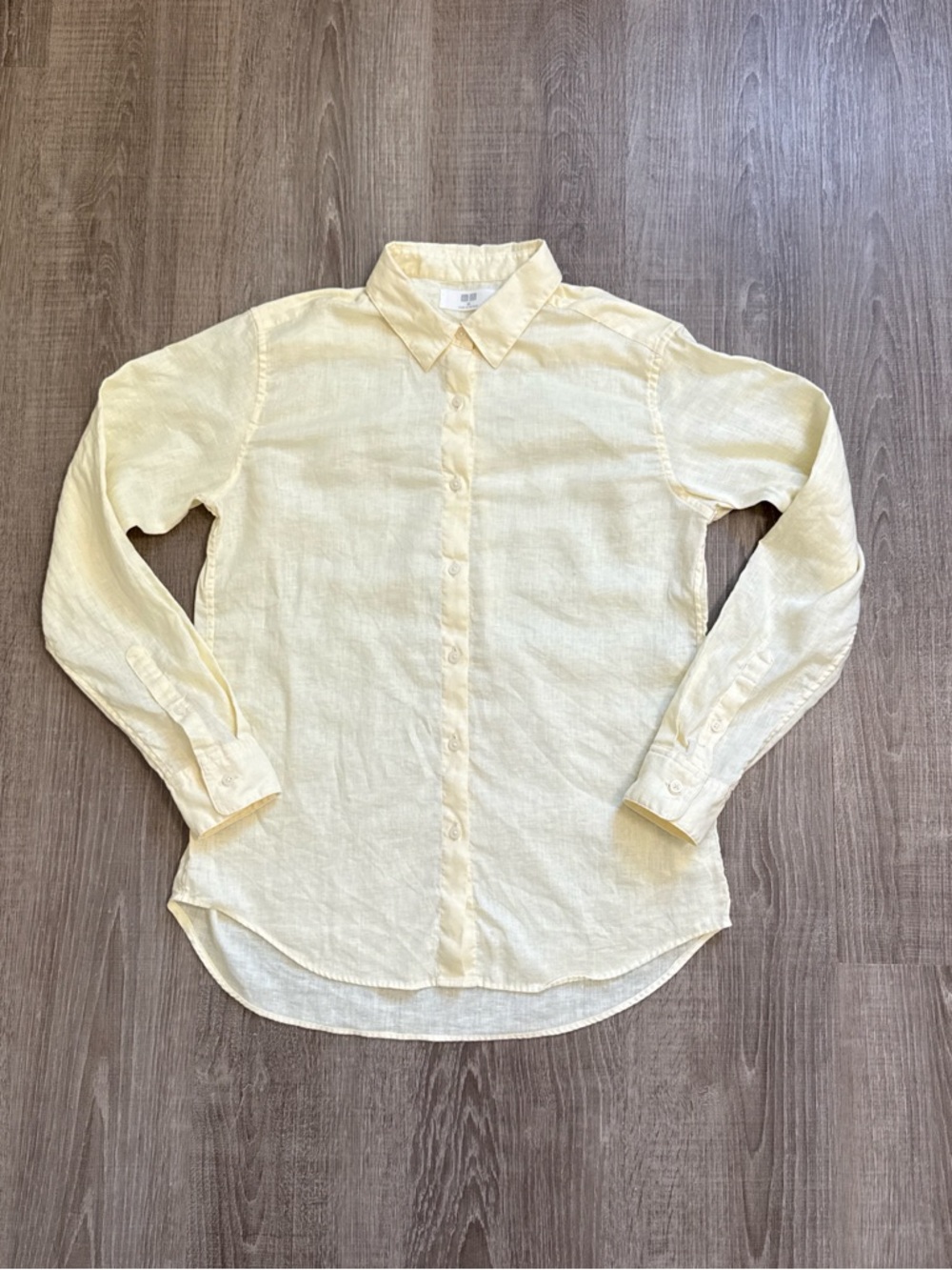 Uniqlo 100% Linen Button Up Long Sleeve Minimalist Preppy Yellow Shirts Size XS - Picture 2 of 11